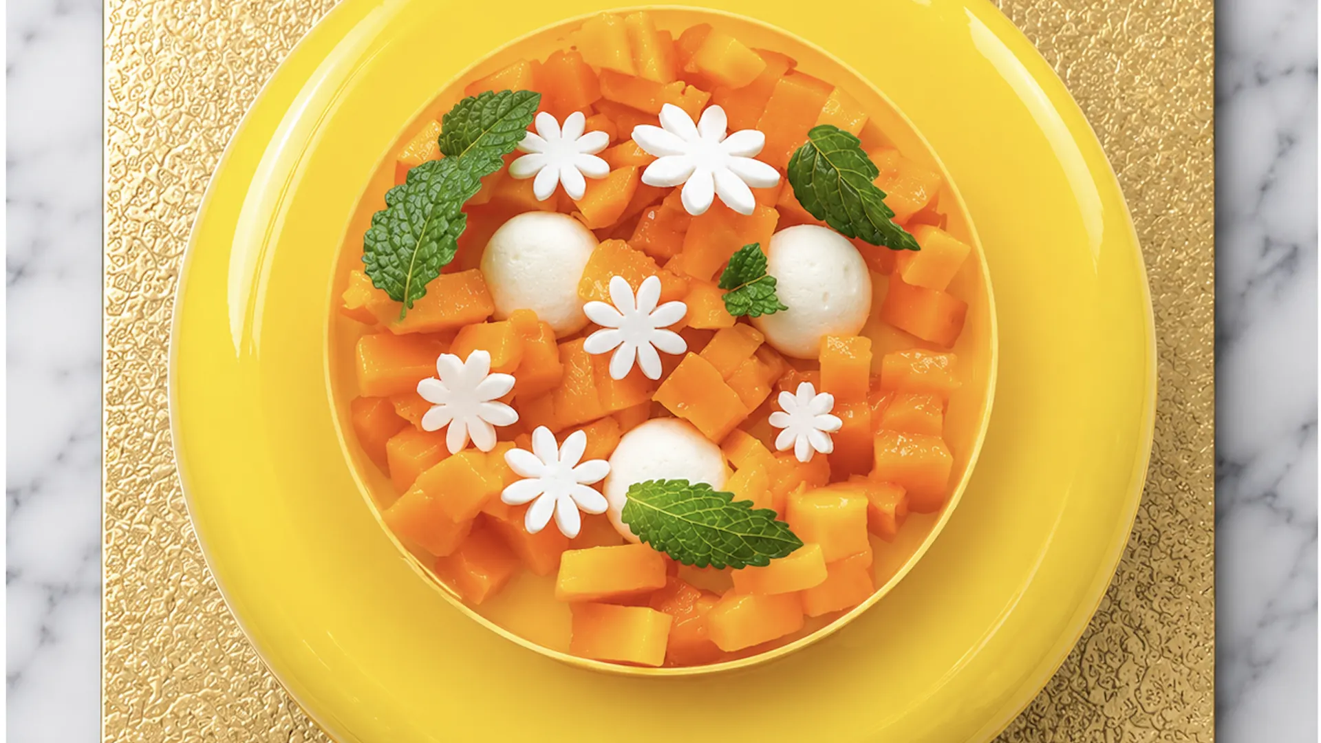 Mango dessert with fresh mango, cream, flowers, and mint