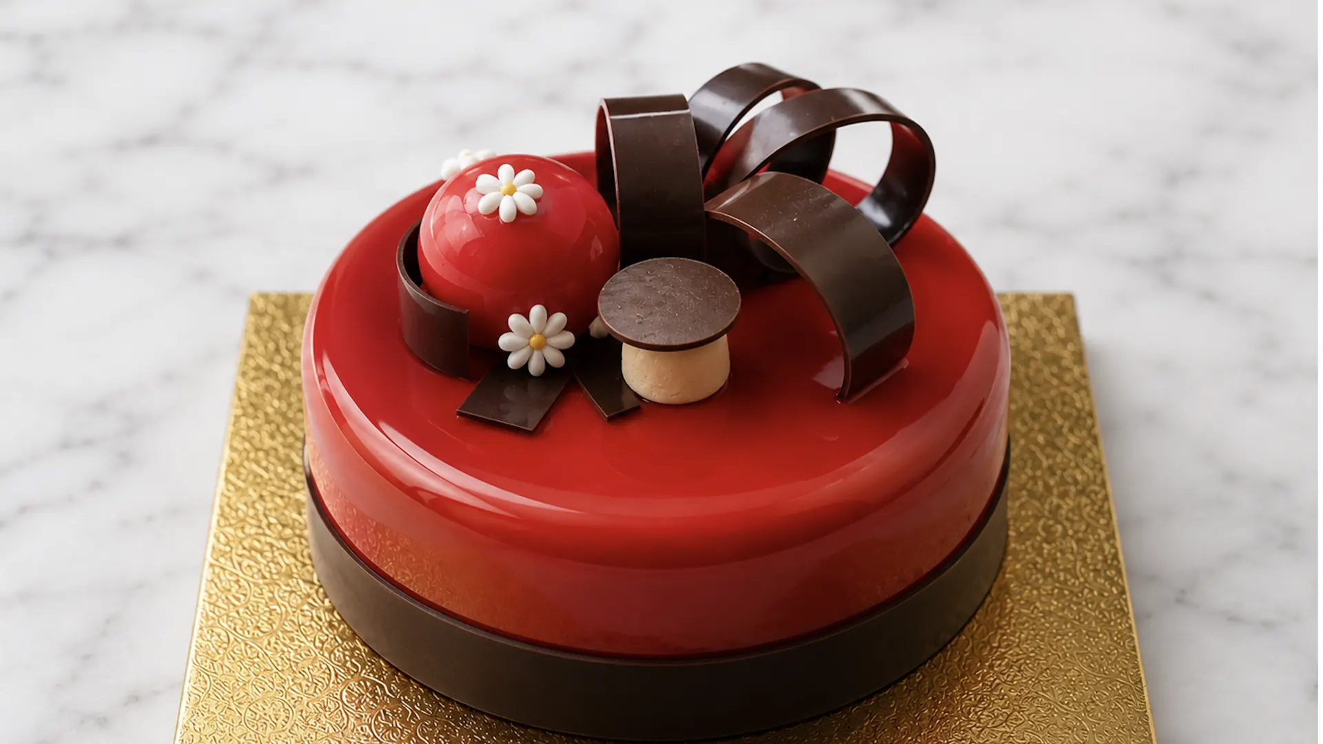 Red glazed chocolate cake decorated with chocolate curls and flowers